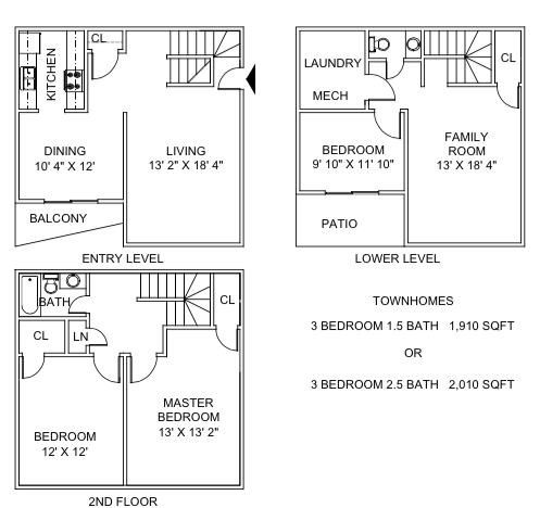 Floor plan for 3 beds, 1.5 baths, 1910 sqft